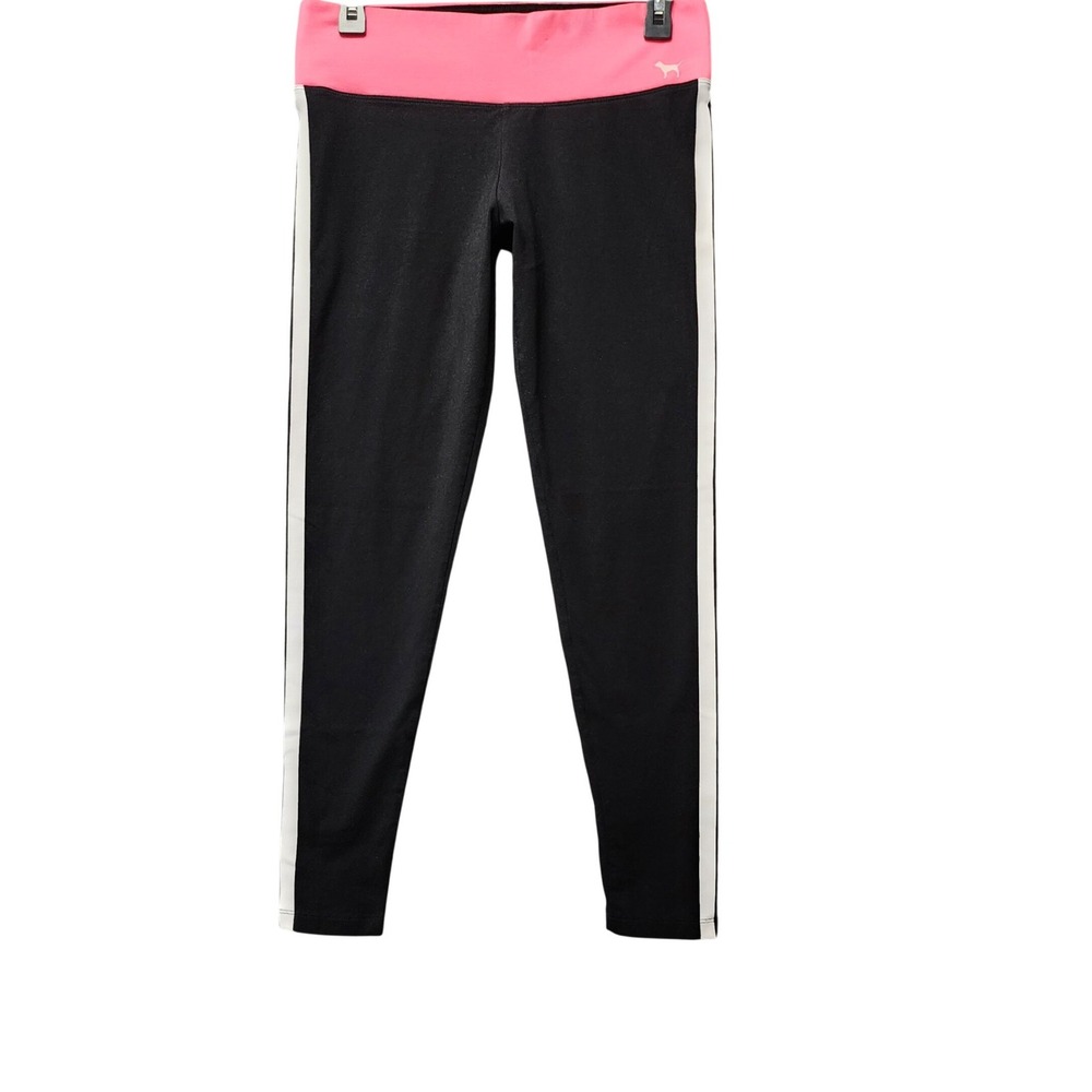 PINK Victoria's Secret Yoga Leggings Women Medium Black Pink Stripe Logo Active